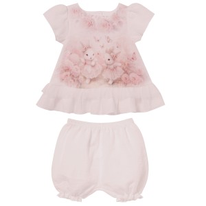 Muslin set: printed blouse and bloomers, pink NEL